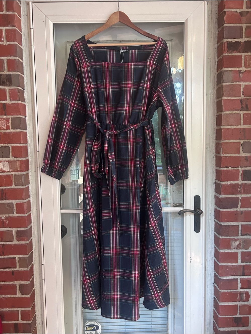 BloomChic Navy and Red Plaid Long Sleeve Belted Maxi Dress